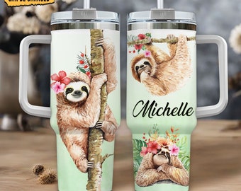 Personalized Sloth 40oz Tumbler With Handle And Straw, Sloth Cup, Sloth Gifts For Women, Sloth Gifts For Her, Sloth Lover Birthday Gift