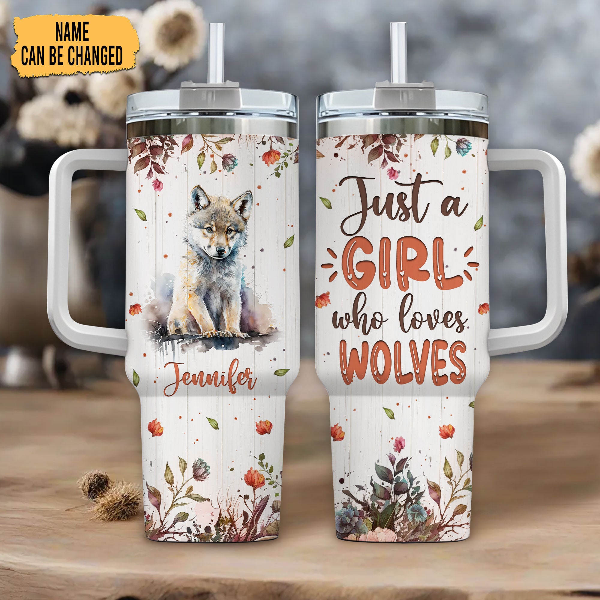 Personalized Wolf 40oz Tumbler With Handle and Straw, Just A Girl