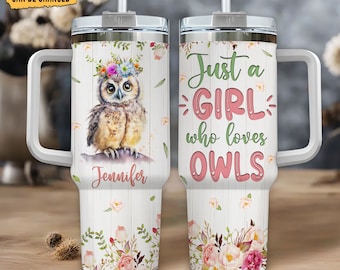 Vaso de búho personalizado de 40 oz: Taza floral de acero inoxidable con asa y pajita