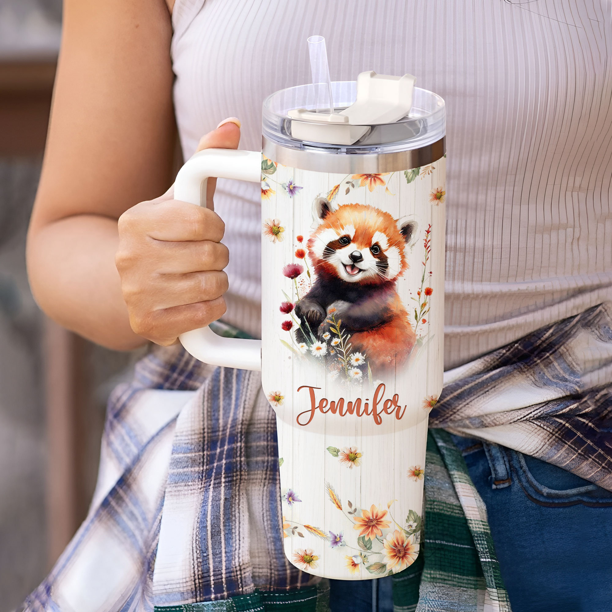 パーソナライズされたレッサーパンダタンブラー：ハンドル付き40オンス