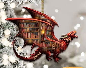 Gepersonaliseerd drakenboekornament, aangepast cadeau voor boekenliefhebbers, kerstboekenwurmornament, boekenliefhebber cadeau, lezen minnaarornament