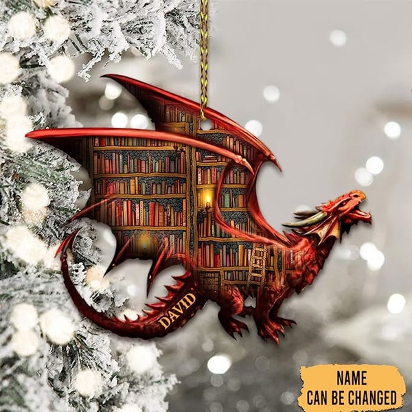 Personalized Dragon Book Ornament, Customized Gift For Book Lovers, Christmas Bookworm Ornament, Book Lover Gift, Reading Lover Ornament