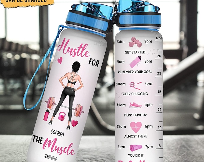 Personalized Hustle For The Muscle Fitness Water Bottle, Fitness Bottle Gifts For Women, Girls, Gifts For Gym Lovers Mother's Day
