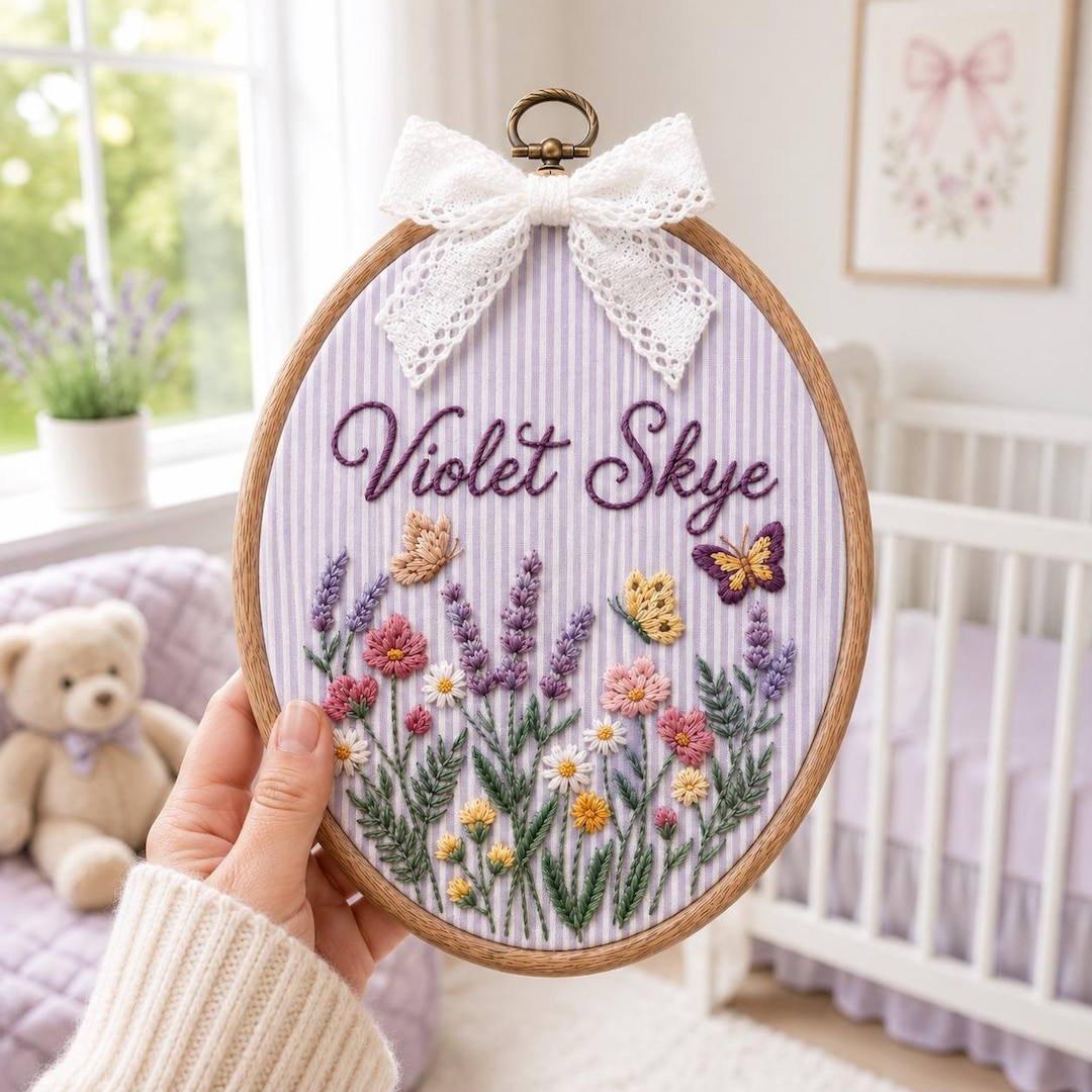 Personalized Wildflower Embroidered Baby Name Hoop, Custom Lavender Nursery Wall Decor, Fl