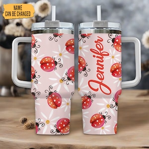 Gobelet personnalisé coccinelle 40 oz avec anse et paille, cadeaux gobelet coccinelle, cadeaux coccinelle pour femme, cadeau pour elle, tasse coccinelle