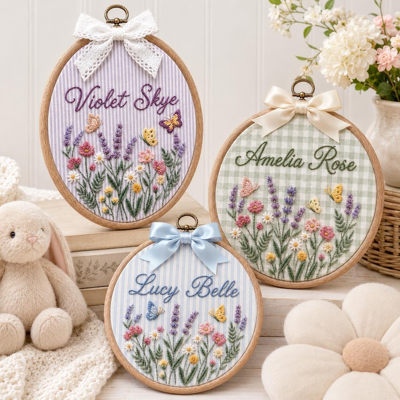 Personalized Wildflower Embroidered Baby Name Hoop, Custom Lavender Nursery Wall Decor, Floral Baby Name Sign, Baby Shower Gift,Newborn Gift image 13