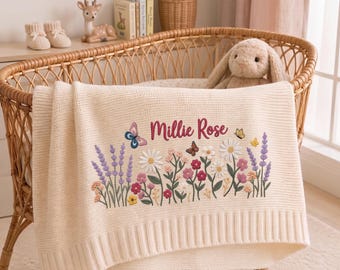 Personalized Floral Embroidered Baby Blanket, Custom Name Knitted Throw, Welcome Baby, Wildflower Butterfly Baby Blanket, Baby Shower Gift
