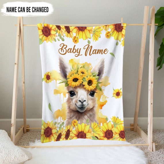Personalized Llama Baby Blanket Sunflower Llama Baby Blanket With Name For Kids Baby Llama Blanket For Kids Fleece Nursery Bed Blanket