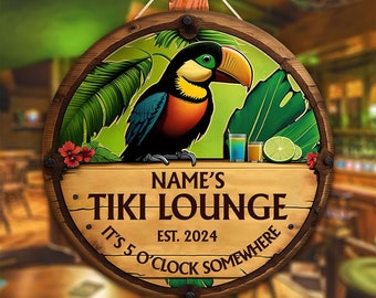 Personalized Tiki Lounge Wooden Sign: Backyard Bar Decor