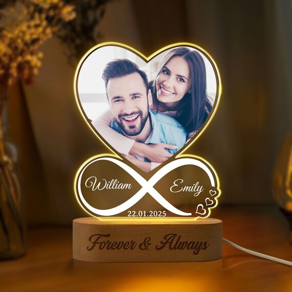 Cadre Photo Personnalisé En Forme De Cœur Avec Veilleuse - Plaque Acrylique 15,2x22,1 Cm, Choix De Base (sans Lumière, 3 Ou 7 Couleurs) - Cadeau Romantique