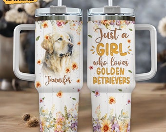 Personalized Golden Retriever Tumbler: Floral 40oz Travel Mug with Handle