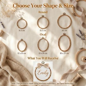 May include: A collection of wooden embroidery hoops in round and oval shapes with sizes labeled in centimeters. Round hoops are 11.5 cm, 15.5 cm, and 20 cm. Oval hoops are 12x15 cm, 15x19 cm, and 18x25 cm. Includes a sample hoop with a beige bow and the name Emily.