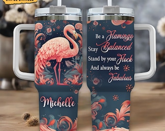 Personlig Flamingo-mugg 125 cl: Resemugg i rostfritt stål med handtag och sugrör
