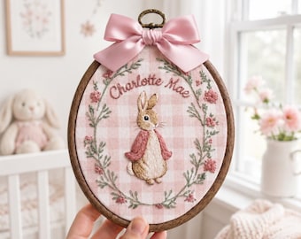 Personalized Baby name sign embroidered with bunny and florals, Custom Baby Nursery Wall Decor, Custom Baby Ornament, Baby Shower Gift