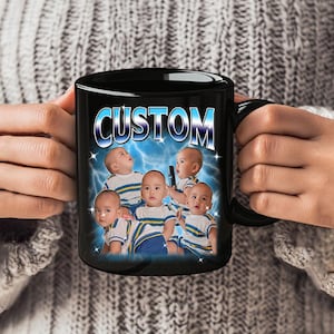 May include: Black coffee mug with a white "CUSTOM" text and a photo of five children with blue and yellow clothing on a blue and white background.