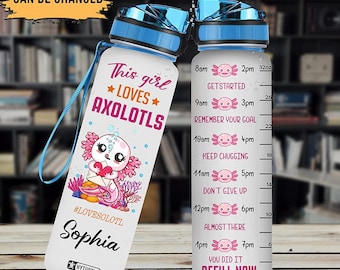 Personalized This Girl Loves Axolotls 32oz Liter Motivational Water Bottle, Customized Name Tracking Water Bottle Gifts For Axolotl Lover