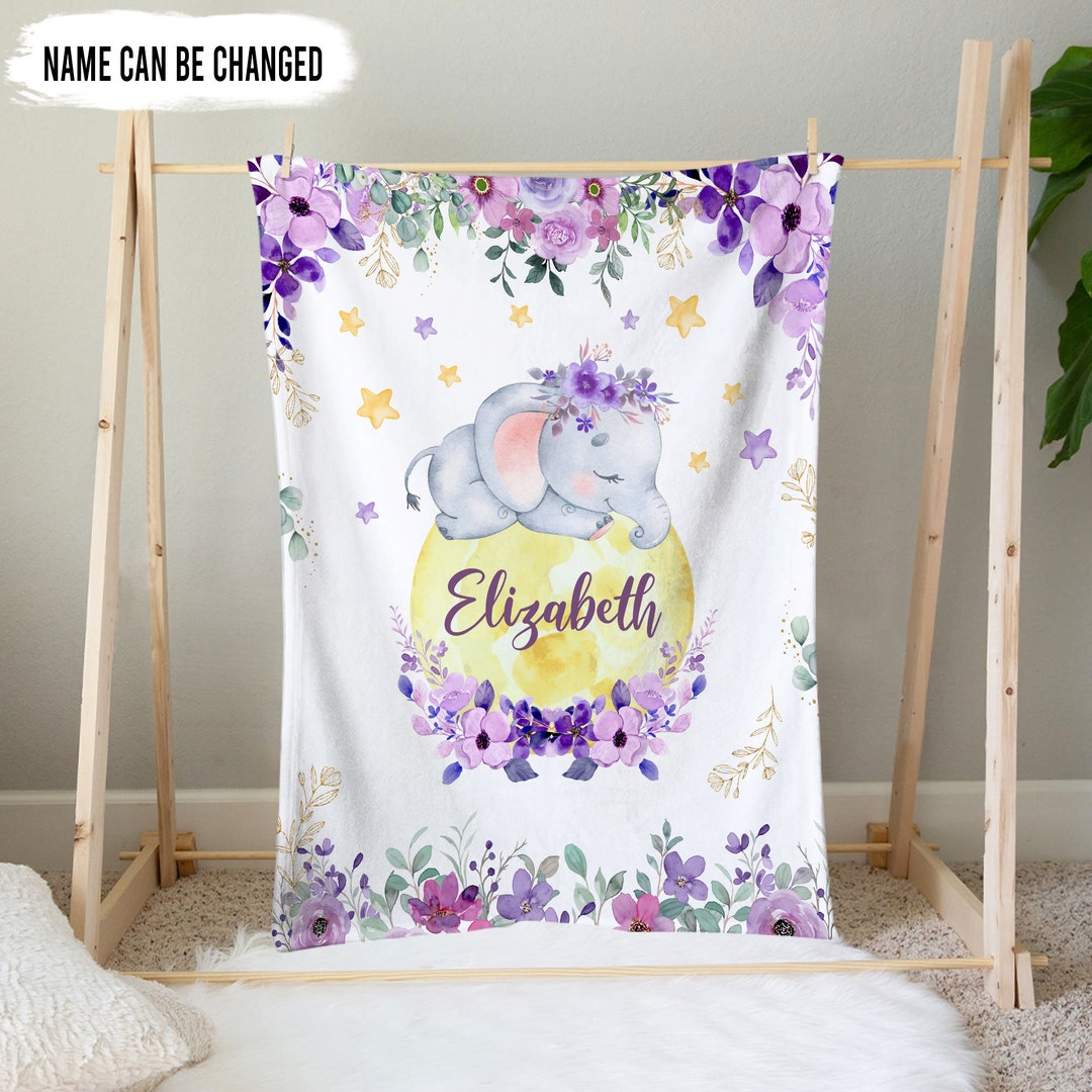 Personalized Baby Elephant Blanket, Sleeping Elephant on Moon Blanket