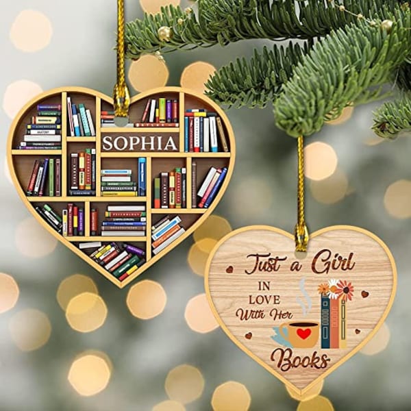 Custom Just Girl Who Love Book Ornament, Reading Book Christmas Ornament, Book Stacked Ornament, Librarian Book Ornament, Reading Book Love