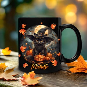 Personalized Black Cat Halloween Mug: Spooky Autumn Gift