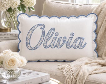 Personalized Pillow Cover, Custom Embroidered Name Pillowcase, Blue Floral Nursery Pillow, Scalloped Decor, Decorative Lumbar Pillow