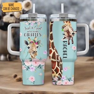 Personalized Giraffe 40oz Tumbler With Handle And Straw, Giraffe Tumbler Gifts, Giraffe Gifts For Women, Gift For Her,Gift For Animal Lovers