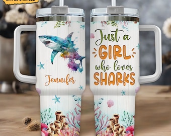 Personalized Shark Tumbler: 40oz Stainless Steel Cup With Handle & Straw