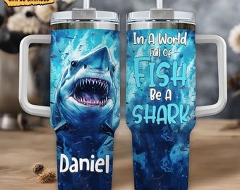 Personalized Shark 40oz Tumbler: Stainless Steel Cup With Handle & Straw