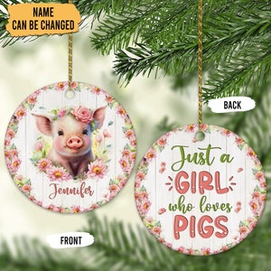 Personalized Pig Christmas Ornament: Floral Wreath, Pig Lover Gift