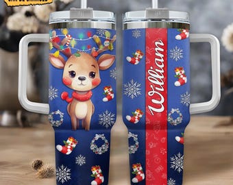Personalized Reindeer Christmas 40oz Tumbler with Handle – Custom Stainless Steel Holiday Cup – Cute Christmas Gift for Family and Kids