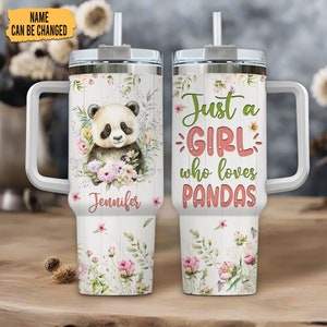 Personalized Panda Tumbler 40oz: Floral Stainless Steel Cup With Handle