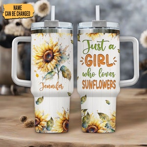 Personalisierter Sonnenblumenbecher: 40 Unzen Edelstahl Reisebecher mit Griff