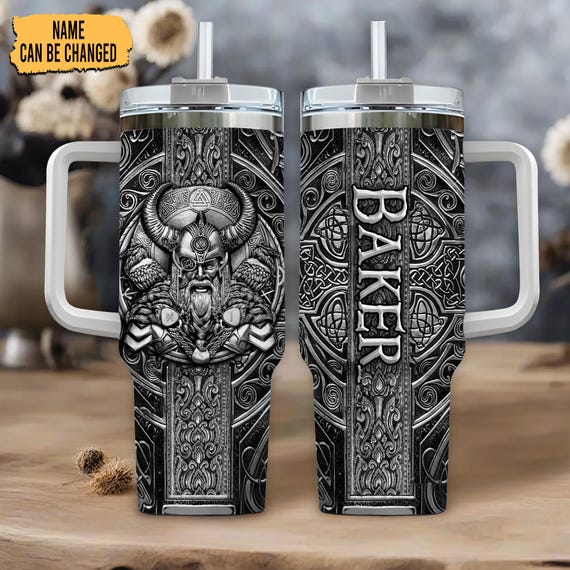 Viking Warrior Personalized 40oz Tumbler with Handle  – Stainless Steel Insulated Travel Mug – Norse Gift for Men & Myth Lovers