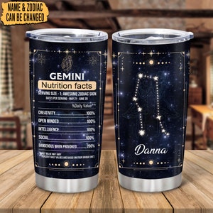 Personalized Gemini Nutrition Facts Tumbler, Zodiac Stainless Steel Tumbler 20 oz, 12 Zodiac Tumbler, Gifts For Birthday, Zodiac Gift
