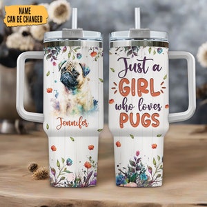 Personalized Pug Tumbler 40oz: Floral Stainless Steel Cup With Handle & Straw