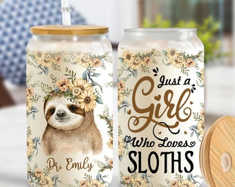 Personlig Sloth-glasmugg med lock och sugrör: Gåva till slothälskare