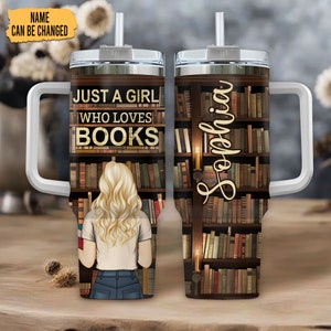 Personalized Book Lover Tumbler: 40oz Insulated Cup with Handle & Straw