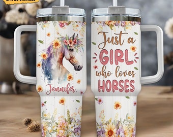 Bicchiere da viaggio personalizzato con cavallo: acquerello floreale, 40 once