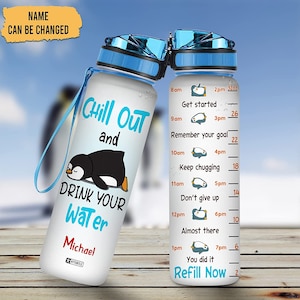 Personalized Chill Out And Drink Your Water Penguin 32Oz Water Bottle-Gifts For Penguin Lovers-Penguin Gift For Women-Birthday Gifts For Her