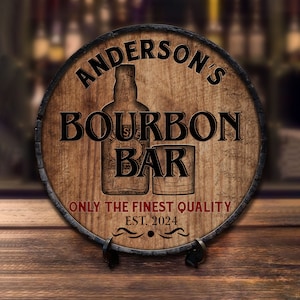 May include: A round wooden sign with the words "Anderson's Bourbon Bar" in black lettering. The sign features an illustration of a bourbon bottle and a glass. The text "Only The Finest Quality" and "EST. 2024" are also displayed.