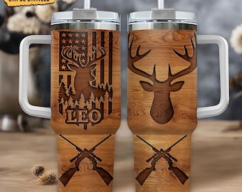 Deer Hunter Personalized 40oz Tumbler with Handle  – Stainless Steel Insulated Cup – Rustic Gift for Dad, Husband & Outdoor Lovers