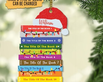 Adorno navideño personalizado con forma de libro, estantería con títulos personalizados, regalo personalizado para amantes de los libros, adornos navideños 2024