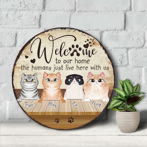 Personalized Cat Welcome Sign: Custom Door Hanger, Cat Mom Gift