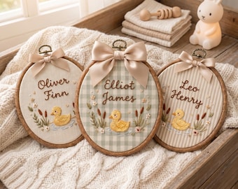 Personalized Embroidered Baby Name Sign, Custom Duck Nursery Wall Decor, Baby Name Sign, Baby Shower Gift, Nursery Decor, Newborn Keepsake