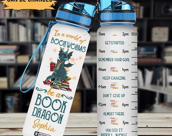 In A World Of Bookworms Be A Book Dragon 32oz Water Bottle Gifts For Reading Lovers, Gift For Women, Gift For Her, Dragon Water bottle