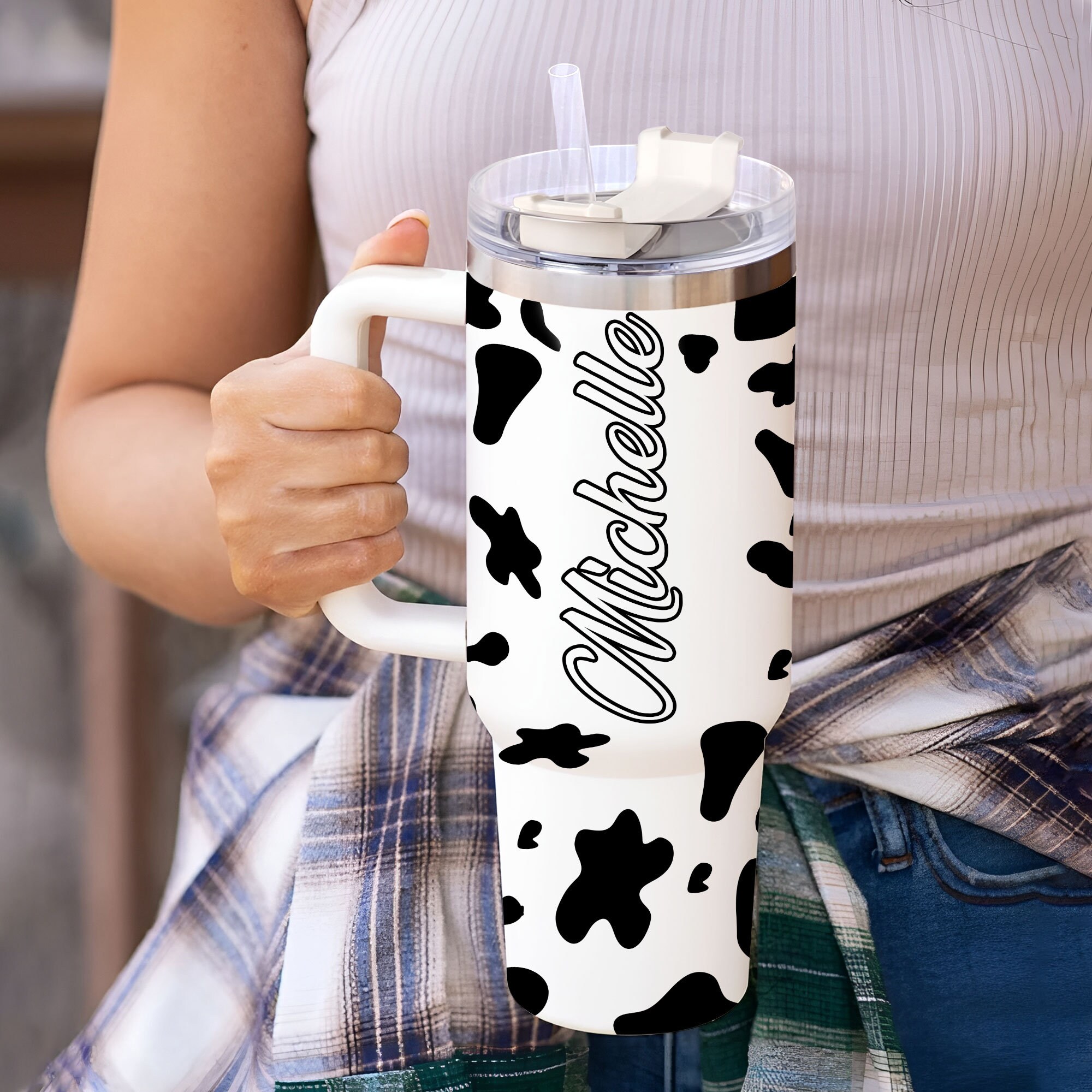 Personalized Dairy Cow Print 40oz Tumbler With Handle and Straw