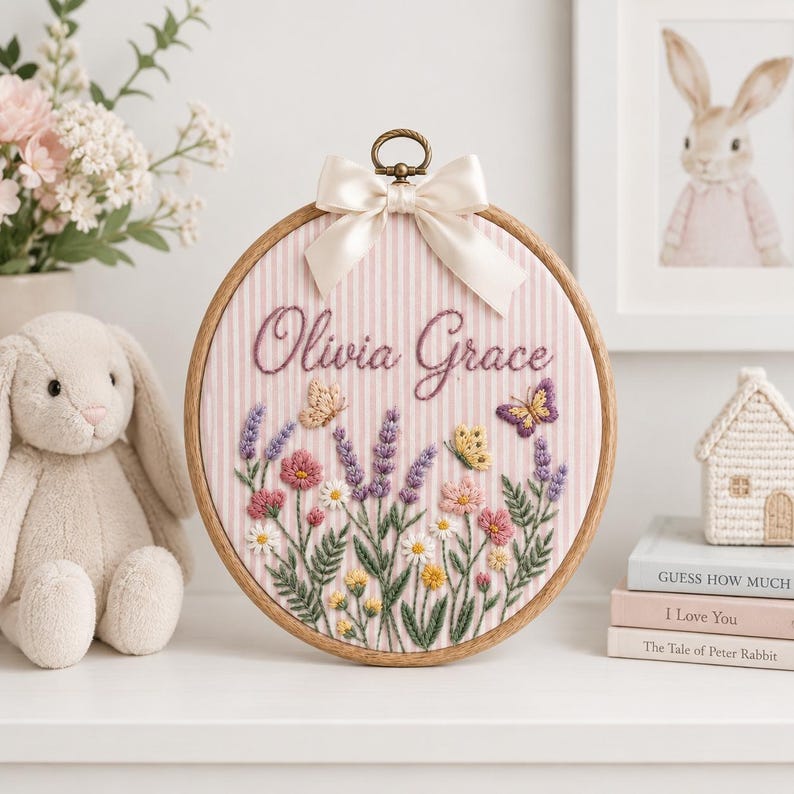 May include: A circular wooden embroidery hoop containing fabric with pink and white vertical stripes. The name Olivia Grace is embroidered in dark script above a colorful floral arrangement featuring lavender, daisies, and butterflies, topped with a cream ribbon.