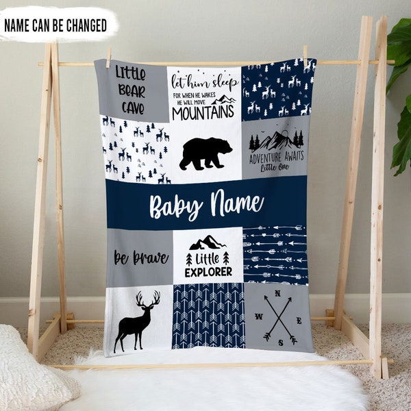 Personalisierte Wald Babydecke für Jungen, kundenspezifische Babydecke mit Namen Abenteuer erwartet Sachen, Neugeborenes Kinderzimmer Geschenk weiches Plüsch-Fleece