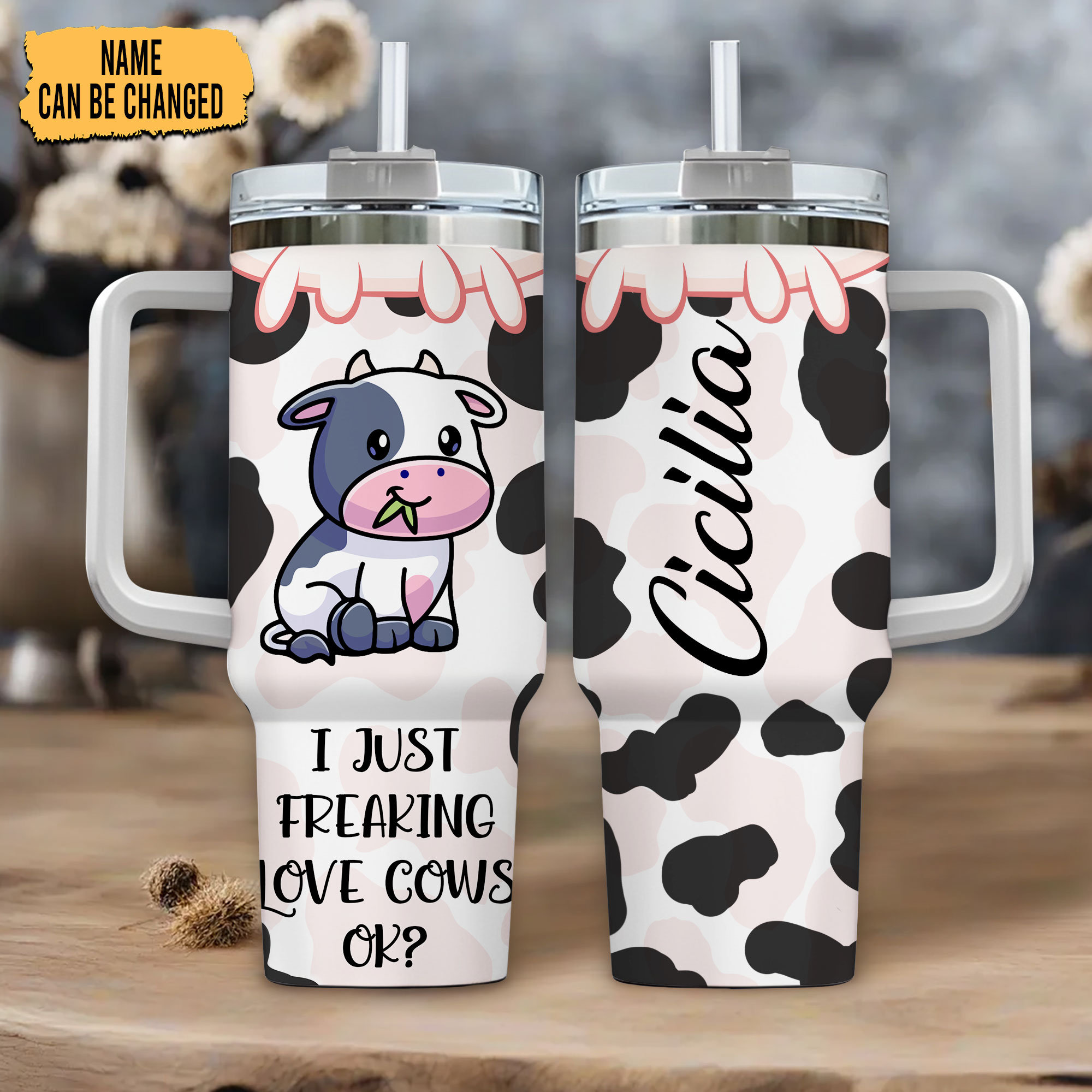 Personalized Dairy Cow Tumbler: 40oz Insulated Cup With Handle