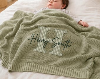 Personalized Monogram Baby Blanket, Custom Embroidered Name Knit Blanket, Gingham Initial Baby Gift, Newborn Keepsake, Nursery Keepsake Gift