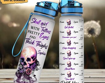Personalized Skull Girl With Tattoo Pretty Eyes Water Bottle Gifts For Women Girls Skull Tattoo On Birthday